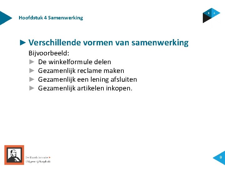 Hoofdstuk 4 Samenwerking ► Verschillende vormen van samenwerking Bijvoorbeeld: ► De winkelformule delen ►