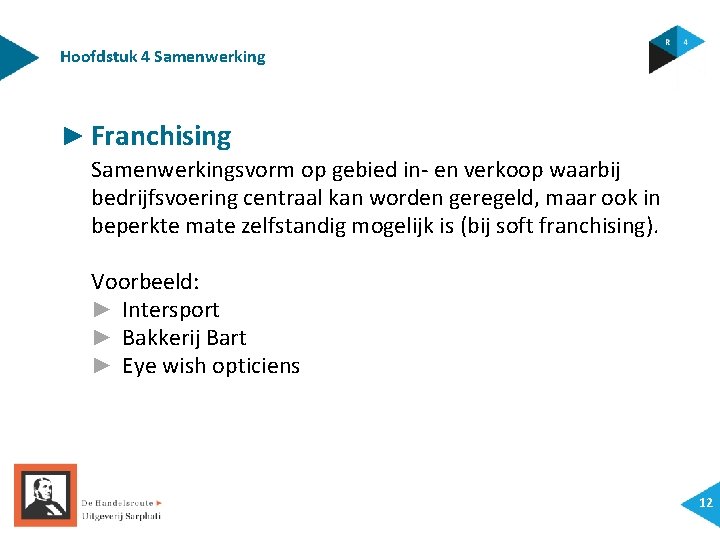 Hoofdstuk 4 Samenwerking ► Franchising Samenwerkingsvorm op gebied in- en verkoop waarbij bedrijfsvoering centraal