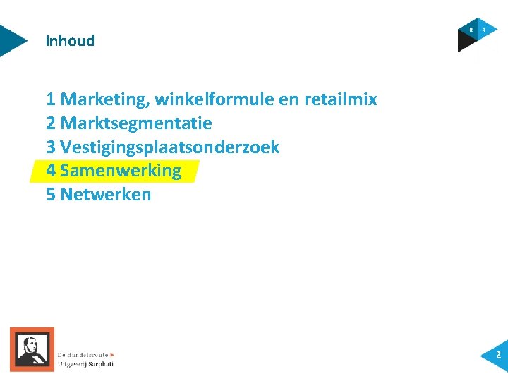 Inhoud 1 Marketing, winkelformule en retailmix 2 Marktsegmentatie 3 Vestigingsplaatsonderzoek 4 Samenwerking 5 Netwerken