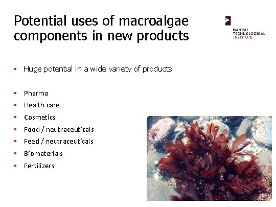 Potential uses of macroalgae components in new products § Huge potential in a wide