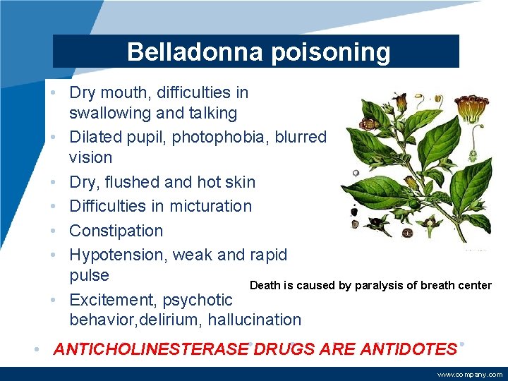 Belladonna poisoning • Dry mouth, difficulties in swallowing and talking • Dilated pupil, photophobia,