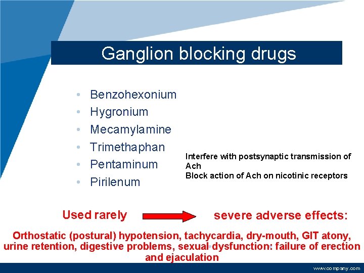 Ganglion blocking drugs • • • Benzohexonium Hygronium Mecamylamine Trimethaphan Pentaminum Pirilenum Used rarely