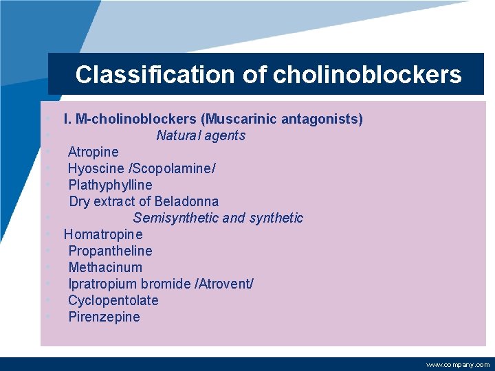 Classification of cholinoblockers • I. M-cholinoblockers (Muscarinic antagonists) • Natural agents • Atropine •