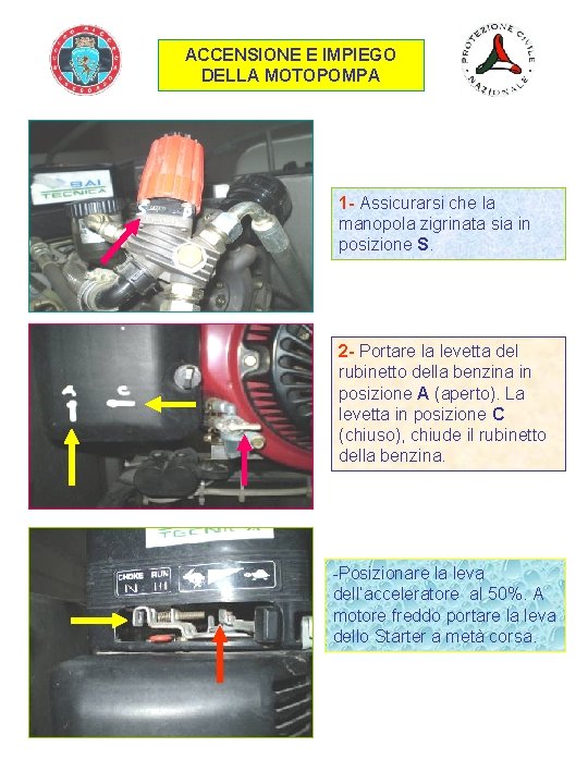 ACCENSIONE E IMPIEGO DELLA MOTOPOMPA 1 - Assicurarsi che la manopola zigrinata sia in