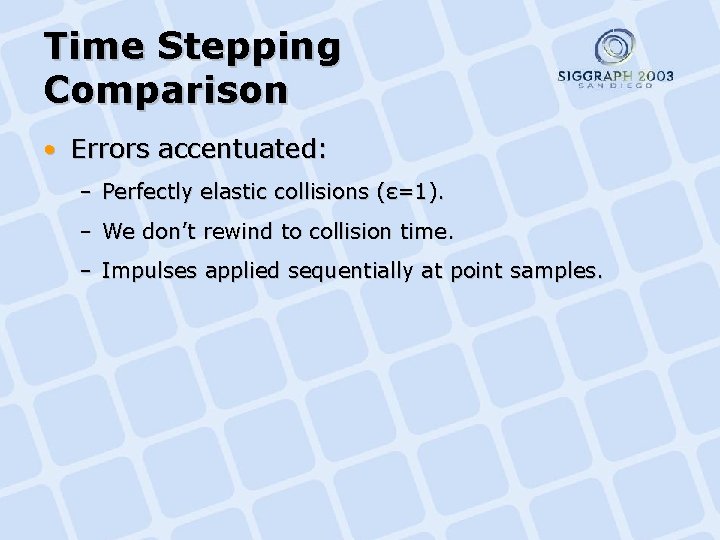 Time Stepping Comparison • Errors accentuated: – Perfectly elastic collisions (ε=1). – We don’t