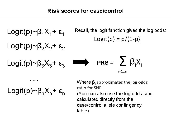 Risk scores for case/control Logit(p)~β 1 X 1+ ε 1 Logit(p)~β 2 X 2+