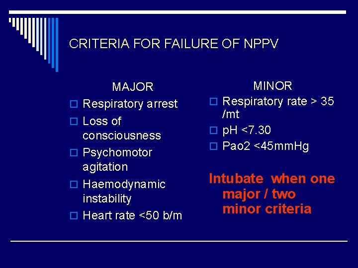 CRITERIA FOR FAILURE OF NPPV o o o MAJOR Respiratory arrest Loss of consciousness