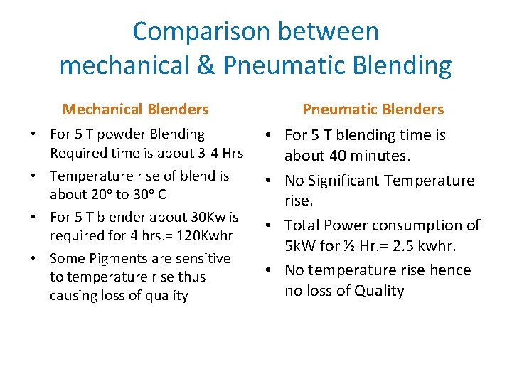 Comparison between mechanical & Pneumatic Blending Mechanical Blenders Pneumatic Blenders • For 5 T