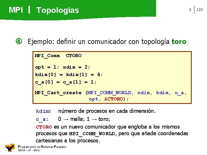 MPI Topologías Ejemplo: definir un comunicador con topología toro MPI_Comm CTORO . . .