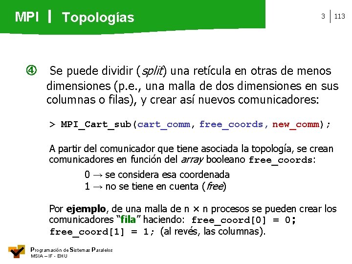 MPI Topologías 3 113 Se puede dividir (split) una retícula en otras de menos