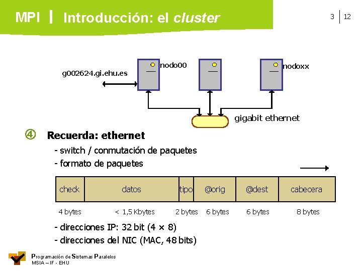 MPI Introducción: el cluster g 002624. gi. ehu. es 3 nodo 00 nodoxx gigabit