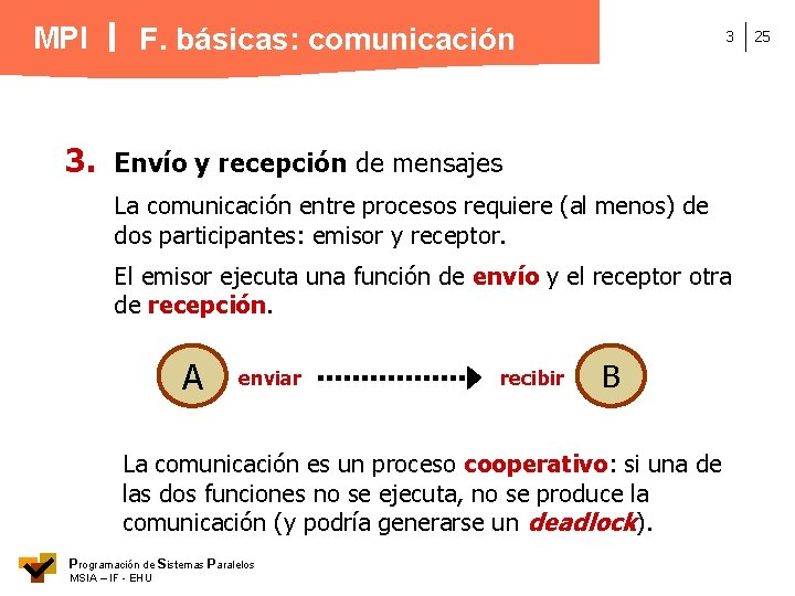 MPI 3. F. básicas: comunicación 3 Envío y recepción de mensajes La comunicación entre