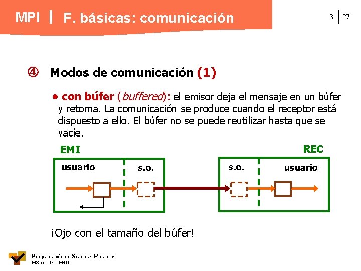 MPI F. básicas: comunicación 3 Modos de comunicación (1) • con búfer (buffered): el