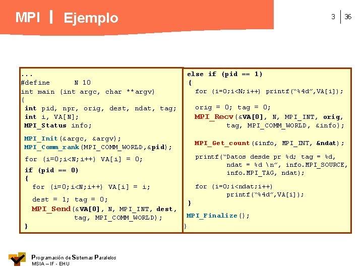 MPI Ejemplo . . . #define N 10 int main (int argc, char **argv)