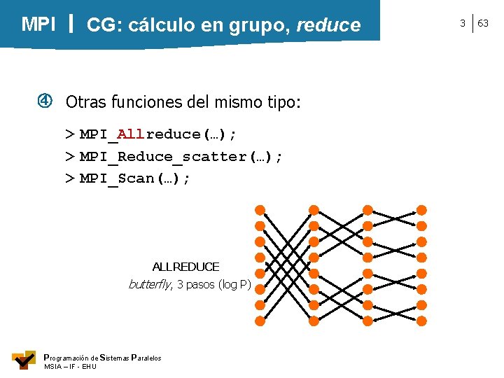 MPI CG: cálculo en grupo, reduce Otras funciones del mismo tipo: > MPI_Allreduce(…); >