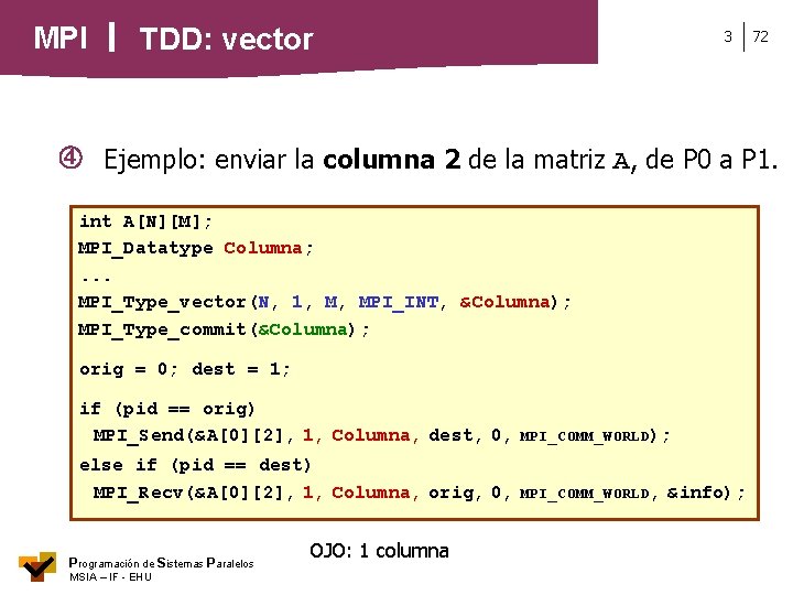 MPI TDD: vector 3 72 Ejemplo: enviar la columna 2 de la matriz A,