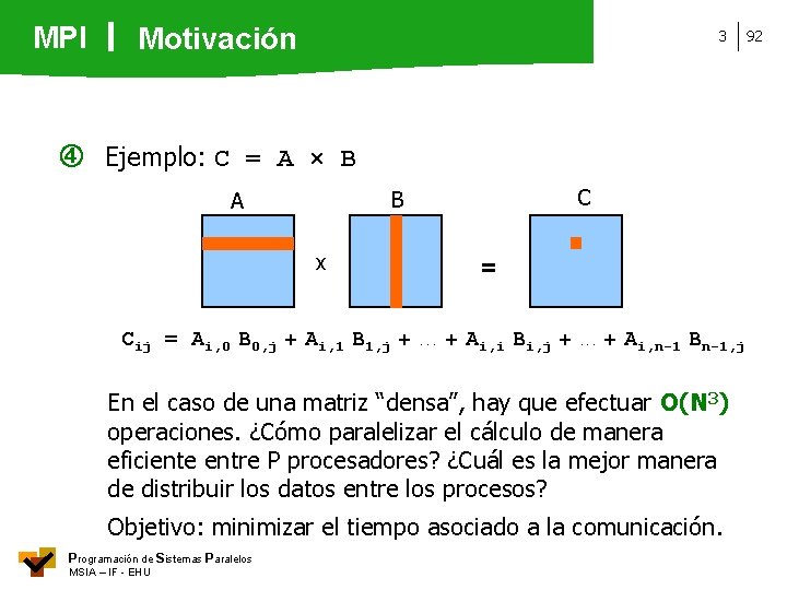 MPI Motivación 3 Ejemplo: C = A × B C B A x Cij