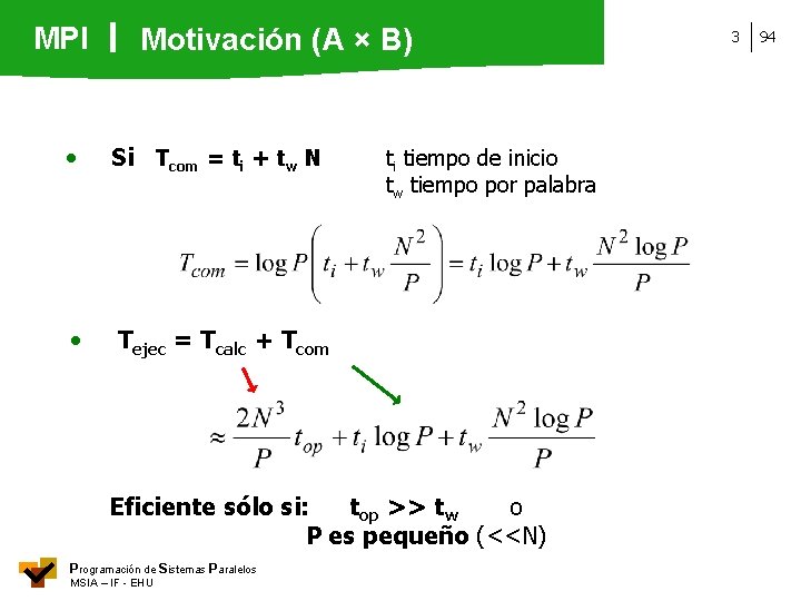 MPI Motivación (A × B) • Si Tcom = ti + tw N •