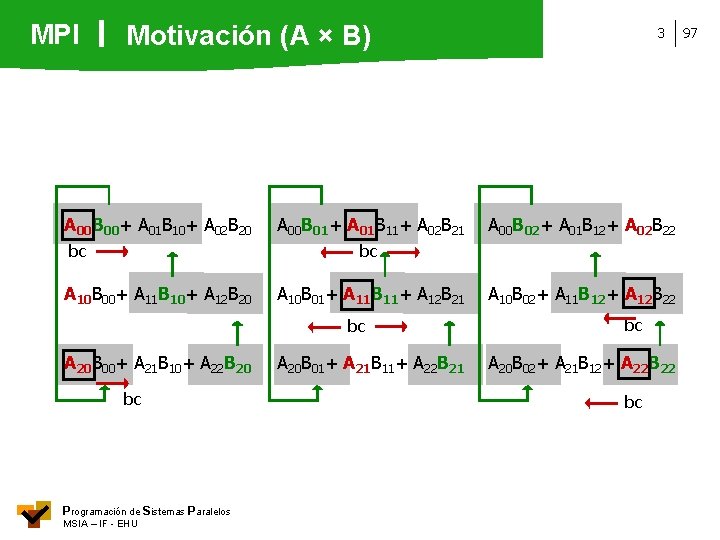 MPI Motivación (A × B) A 00 B 00+ A 01 B 10+ A