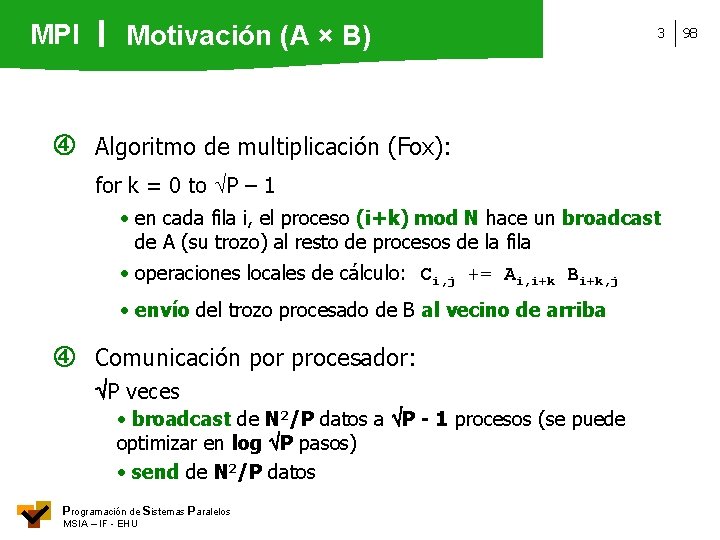 MPI Motivación (A × B) 3 Algoritmo de multiplicación (Fox): for k = 0