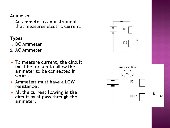 Ammeter An ammeter is an instrument that measures electric current. Types 1. DC Ammeter