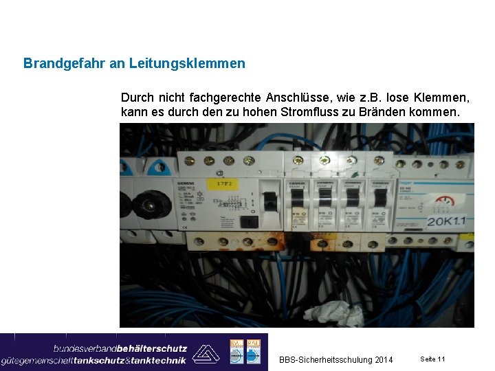 Brandgefahr an Leitungsklemmen Durch nicht fachgerechte Anschlüsse, wie z. B. lose Klemmen, kann es