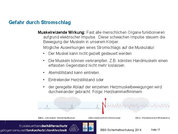 Gefahr durch Stromschlag Muskelreizende Wirkung: Fast alle menschlichen Organe funktionieren aufgrund elektrischer Impulse. Diese