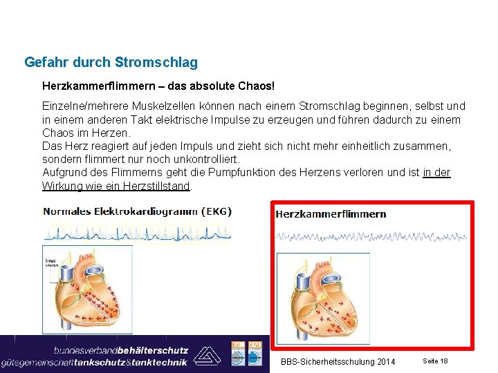 Gefahr durch Stromschlag Herzkammerflimmern – das absolute Chaos! Einzelne/mehrere Muskelzellen können nach einem Stromschlag