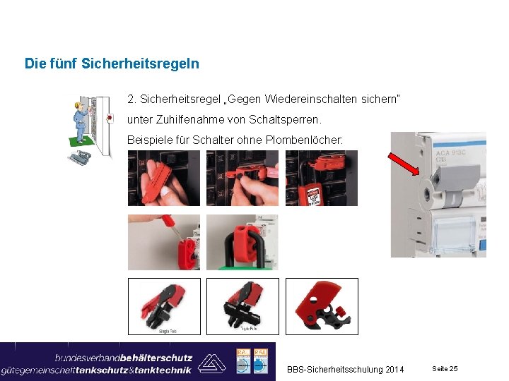 Die fünf Sicherheitsregeln 2. Sicherheitsregel „Gegen Wiedereinschalten sichern“ unter Zuhilfenahme von Schaltsperren. Beispiele für