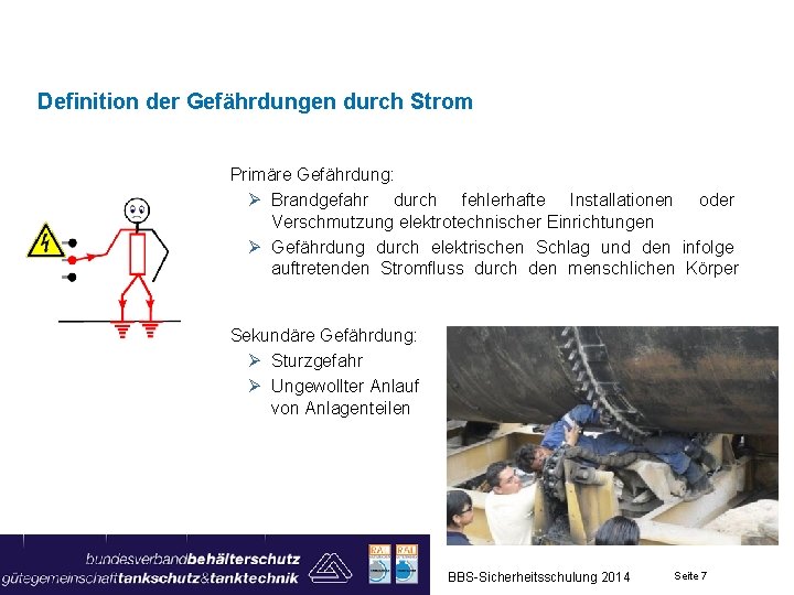 Definition der Gefährdungen durch Strom Primäre Gefährdung: Ø Brandgefahr durch fehlerhafte Installationen oder Verschmutzung