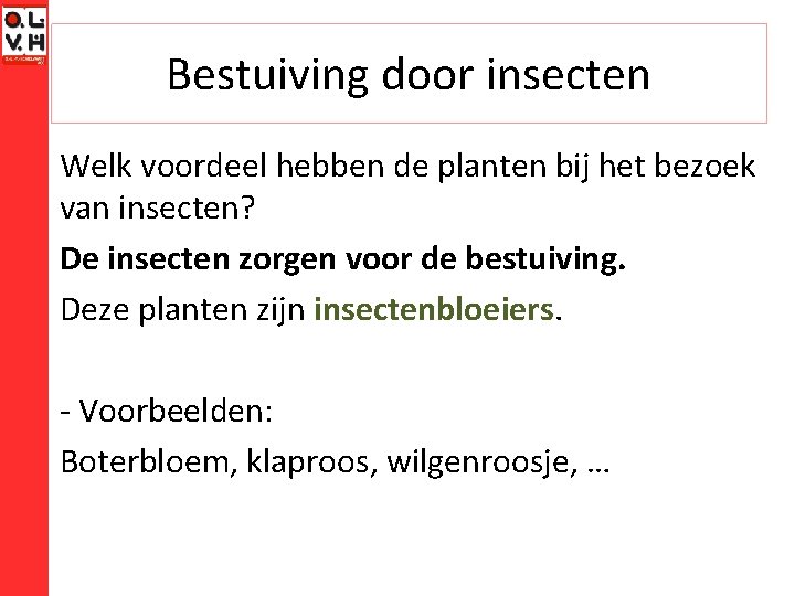 Bestuiving door insecten Welk voordeel hebben de planten bij het bezoek van insecten? De