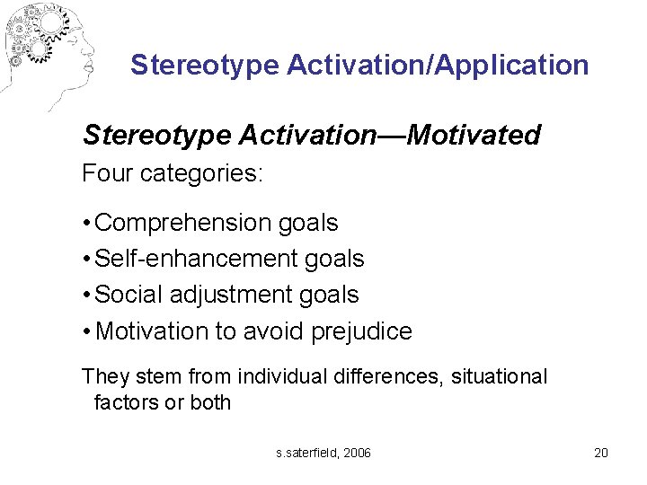 Stereotype Activation/Application Stereotype Activation—Motivated Four categories: • Comprehension goals • Self-enhancement goals • Social