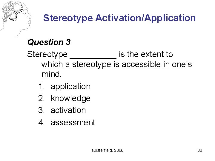 Stereotype Activation/Application Question 3 Stereotype _____ is the extent to which a stereotype is