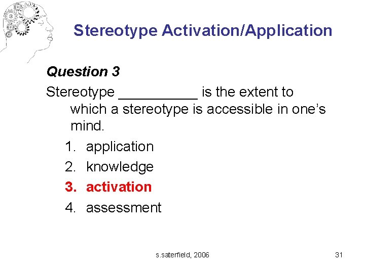 Stereotype Activation/Application Question 3 Stereotype _____ is the extent to which a stereotype is