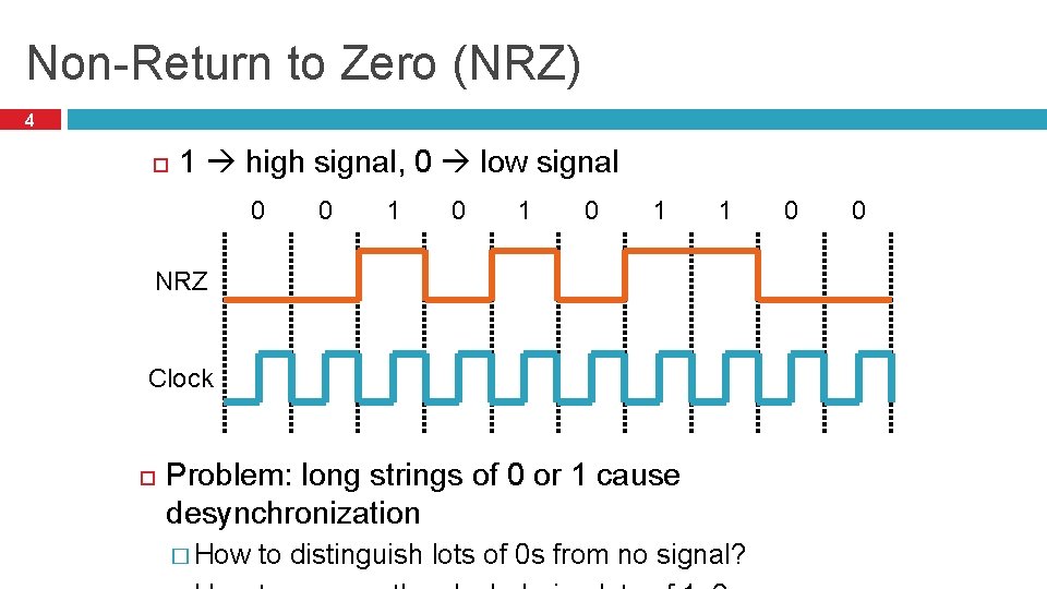 Non-Return to Zero (NRZ) 4 1 high signal, 0 low signal 0 0 1