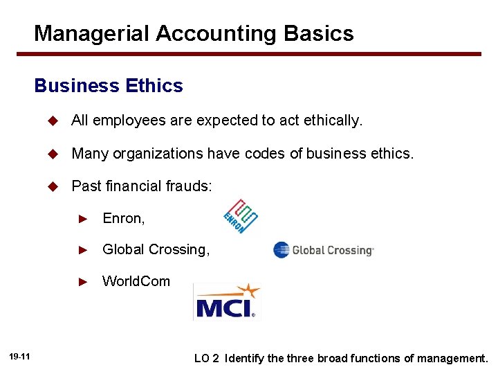 Managerial Accounting Basics Business Ethics 19 -11 u All employees are expected to act