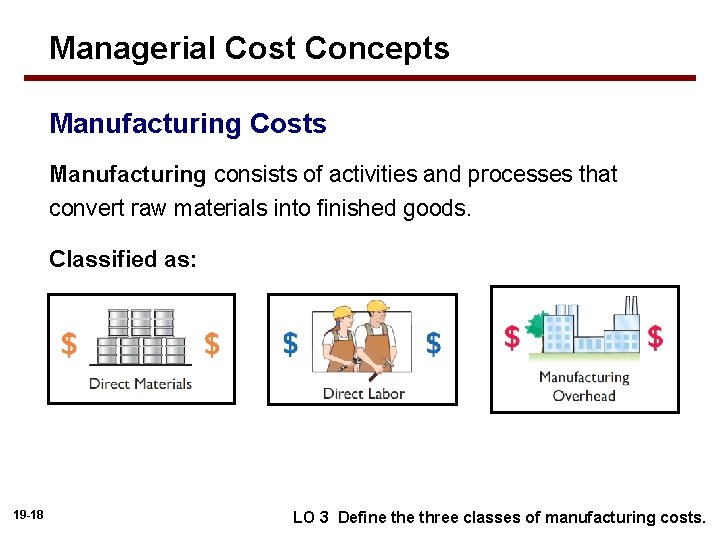 Managerial Cost Concepts Manufacturing Costs Manufacturing consists of activities and processes that convert raw