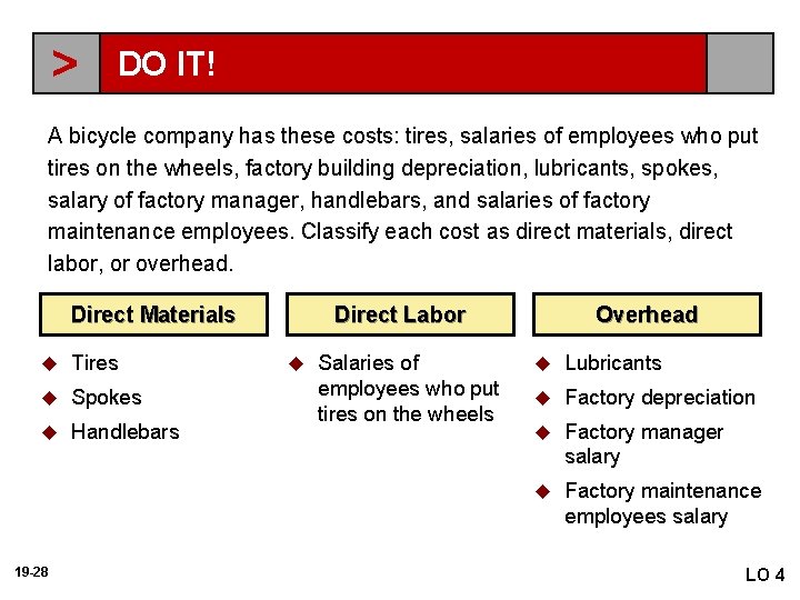 > DO IT! A bicycle company has these costs: tires, salaries of employees who