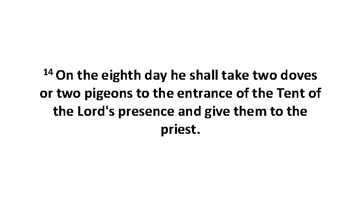 14 On the eighth day he shall take two doves or two pigeons to