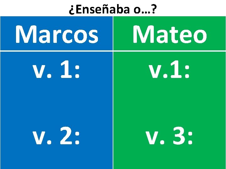 ¿Enseñaba o…? Marcos v. 1: Mateo v. 1: v. 2: v. 3: 