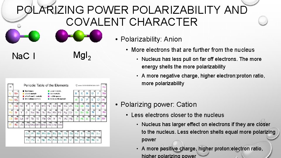 POLARIZING POWER POLARIZABILITY AND COVALENT CHARACTER • Polarizability: Anion Na. C l Mg. I