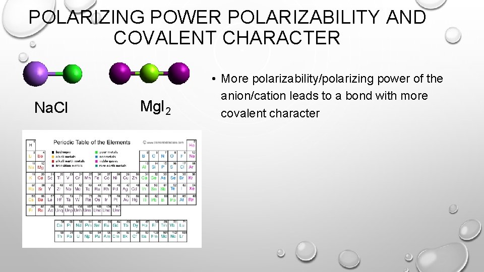 POLARIZING POWER POLARIZABILITY AND COVALENT CHARACTER Na. Cl Mg. I 2 • More polarizability/polarizing