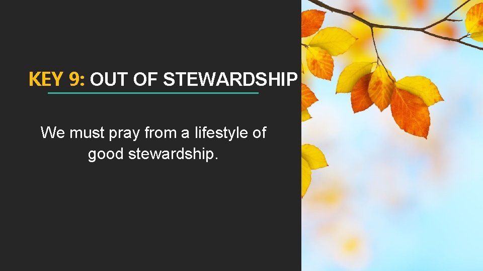 KEY 9: OUT OF STEWARDSHIP We must pray from a lifestyle of good stewardship.