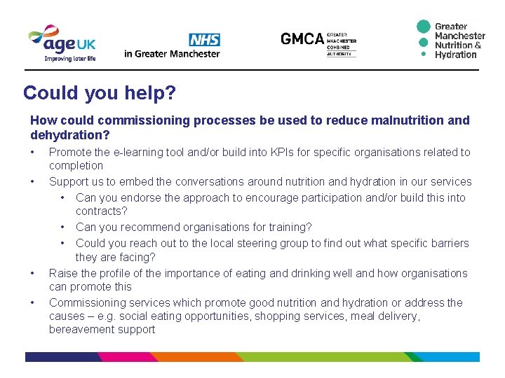 Could you help? How could commissioning processes be used to reduce malnutrition and dehydration?