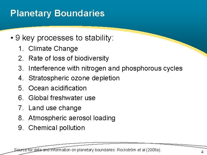 Planetary Boundaries • 9 key processes to stability: 1. 2. 3. 4. 5. 6.