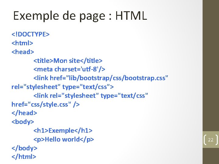 Exemple de page : HTML <!DOCTYPE> <html> <head> <title>Mon site</title> <meta charset='utf-8'/> <link href="lib/bootstrap/css/bootstrap.