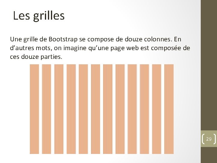 Les grilles Une grille de Bootstrap se compose de douze colonnes. En d’autres mots,