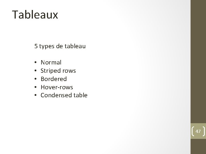 Tableaux 5 types de tableau • • • Normal Striped rows Bordered Hover-rows Condensed