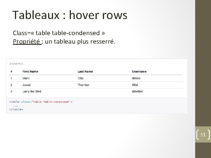 Tableaux : hover rows Class= « table-condensed » Propriété : un tableau plus resserré.