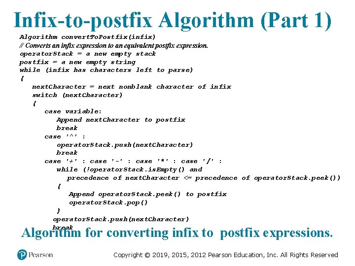 Infix-to-postfix Algorithm (Part 1) Algorithm convert. To. Postfix(infix) // Converts an infix expression to